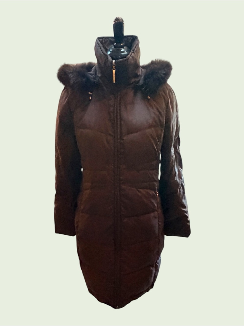 Ellen Tracy Chocolate Brown Puffer Coat with Faux Fur Lined Hood Size Large